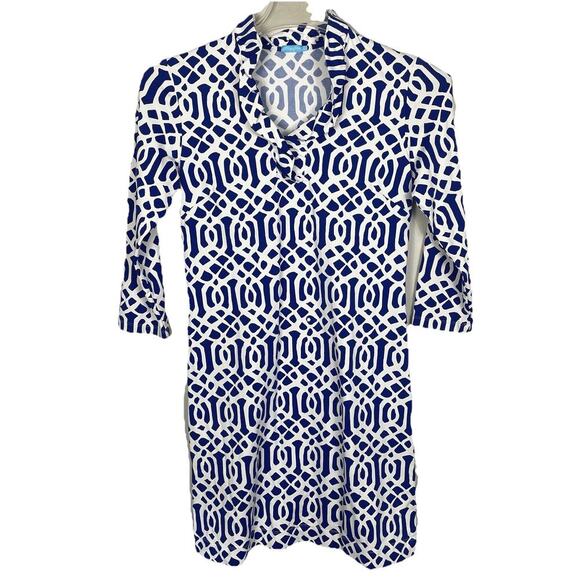 J McLaughlin Durham Ruffle Dress Sz S Blue Trellis Catalina Cloth Career Classic - Picture 1 of 9